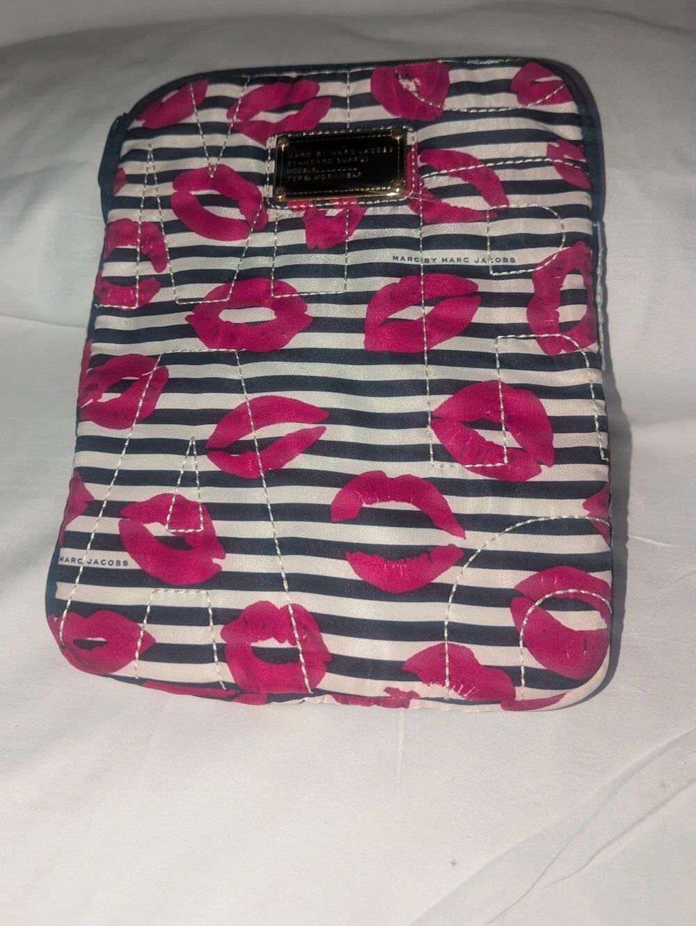 Marc by Marc Jacobs Navy and White Stripe Tech Sleeve with Pink Lip Print